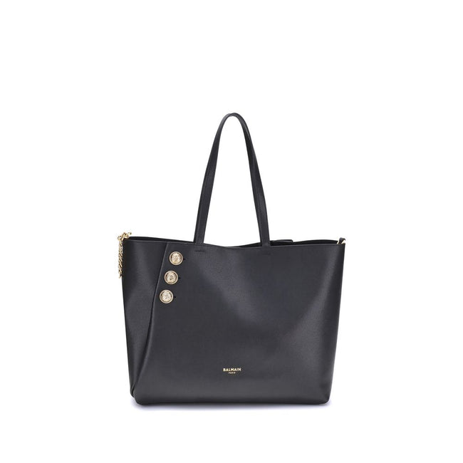 Black Calf Leather Bos Taurus Shoulder BagBalmain’s Emblème leather Tote Bag has a structured and elegant design. Equipped with two flat top handles, it features a trompe-l’œil magnetic button closure, enriched with three decorative gold metal 