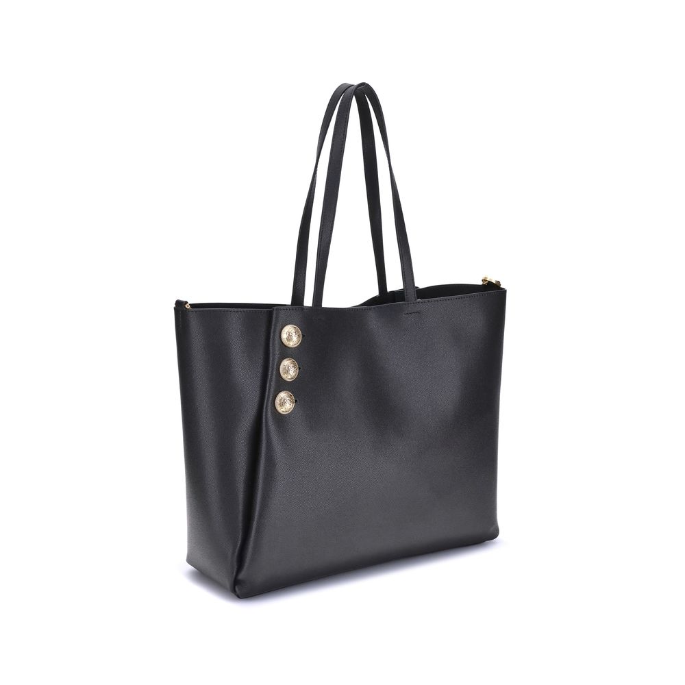Black Calf Leather Bos Taurus Shoulder BagBalmain’s Emblème leather Tote Bag has a structured and elegant design. Equipped with two flat top handles, it features a trompe-l’œil magnetic button closure, enriched with three decorative gold metal 