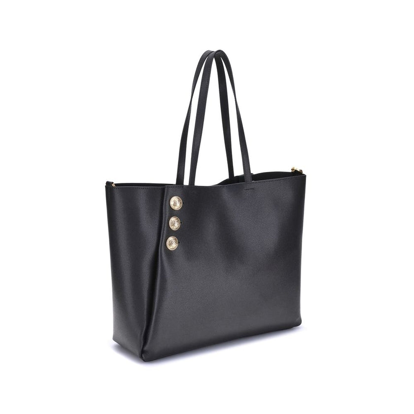Black Calf Leather Bos Taurus Shoulder BagBalmain’s Emblème leather Tote Bag has a structured and elegant design. Equipped with two flat top handles, it features a trompe-l’œil magnetic button closure, enriched with three decorative gold metal 