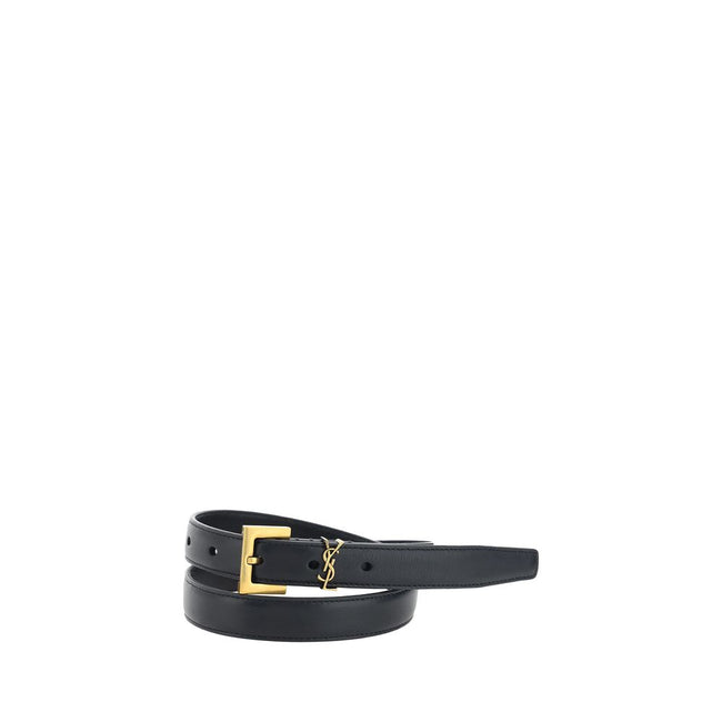 Black Calf Leather Bos Taurus Thin BeltSaint Laurent’s Cassandre slim Belt is a refined, minimalist accessory made of high-quality smooth leather. The closure is entrusted to a discreet brass buckle, while the YSL logo, placed on the side, adds an iconic
