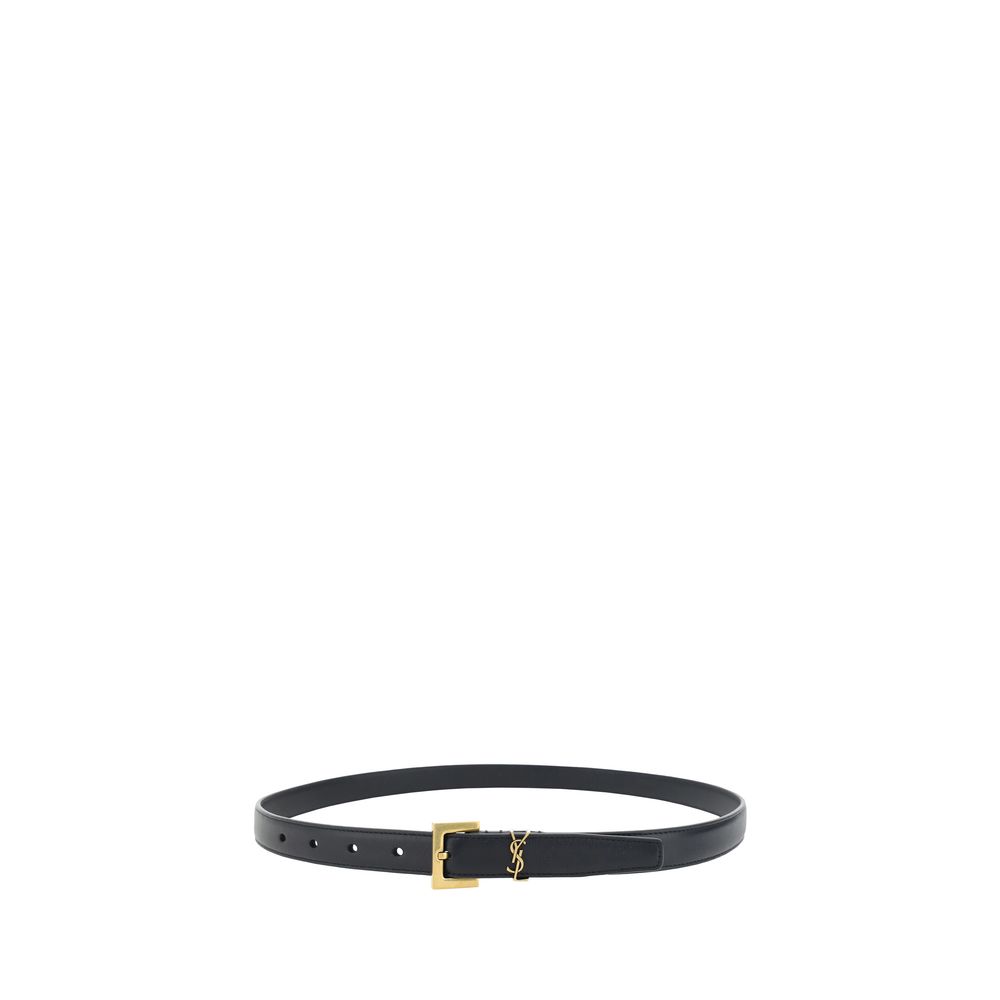 Black Calf Leather Bos Taurus Thin BeltSaint Laurent’s Cassandre slim Belt is a refined, minimalist accessory made of high-quality smooth leather. The closure is entrusted to a discreet brass buckle, while the YSL logo, placed on the side, adds an iconic