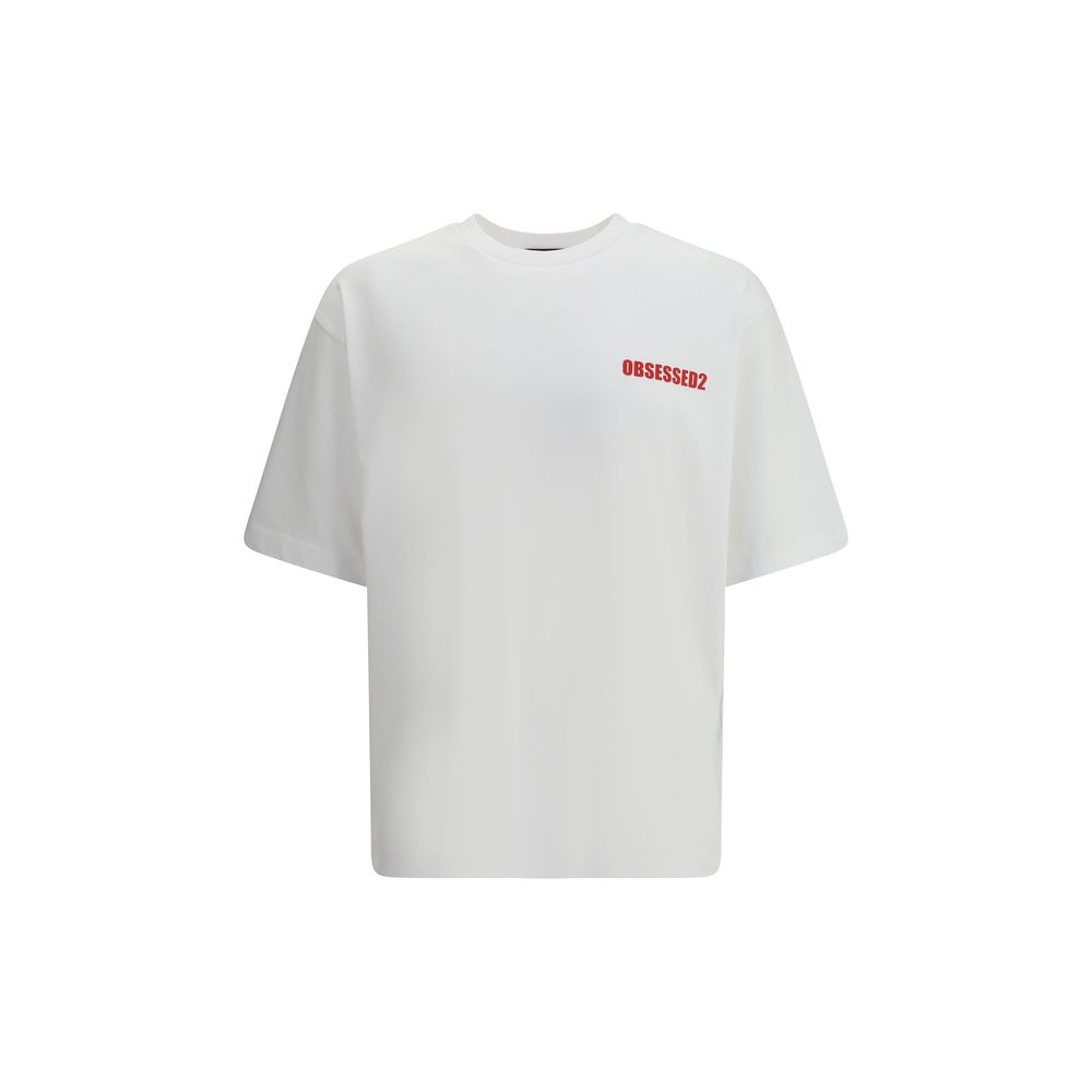 White Cotton T-ShirtDsquared2’s T-Shirt is a casual piece with a strong character, made from cotton and finished with a classic ribbed crew neck. The contrasting Obsessed2 print stands out on the front and the iconic signature on the back adds a graphic a