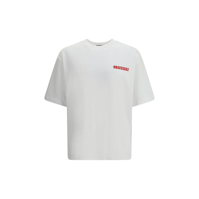 White Cotton T-ShirtDsquared2’s T-Shirt is a casual piece with a strong character, made from cotton and finished with a classic ribbed crew neck. The contrasting Obsessed2 print stands out on the front and the iconic signature on the back adds a graphic a