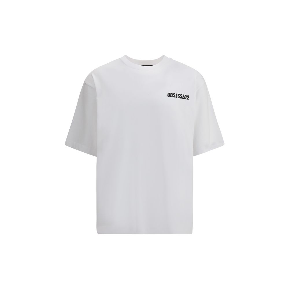 White Cotton T-ShirtDsquared2’s T-Shirt is a casual piece with a strong character, made from cotton and finished with a classic ribbed crew neck. The contrasting Obsessed2 print stands out on the front and the iconic signature on the back adds a graphic a