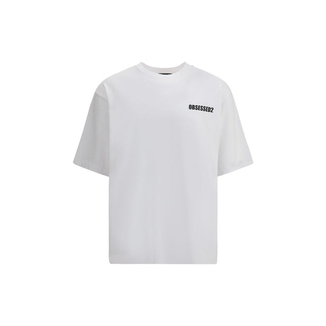 White Cotton T-ShirtDsquared2’s T-Shirt is a casual piece with a strong character, made from cotton and finished with a classic ribbed crew neck. The contrasting Obsessed2 print stands out on the front and the iconic signature on the back adds a graphic a
