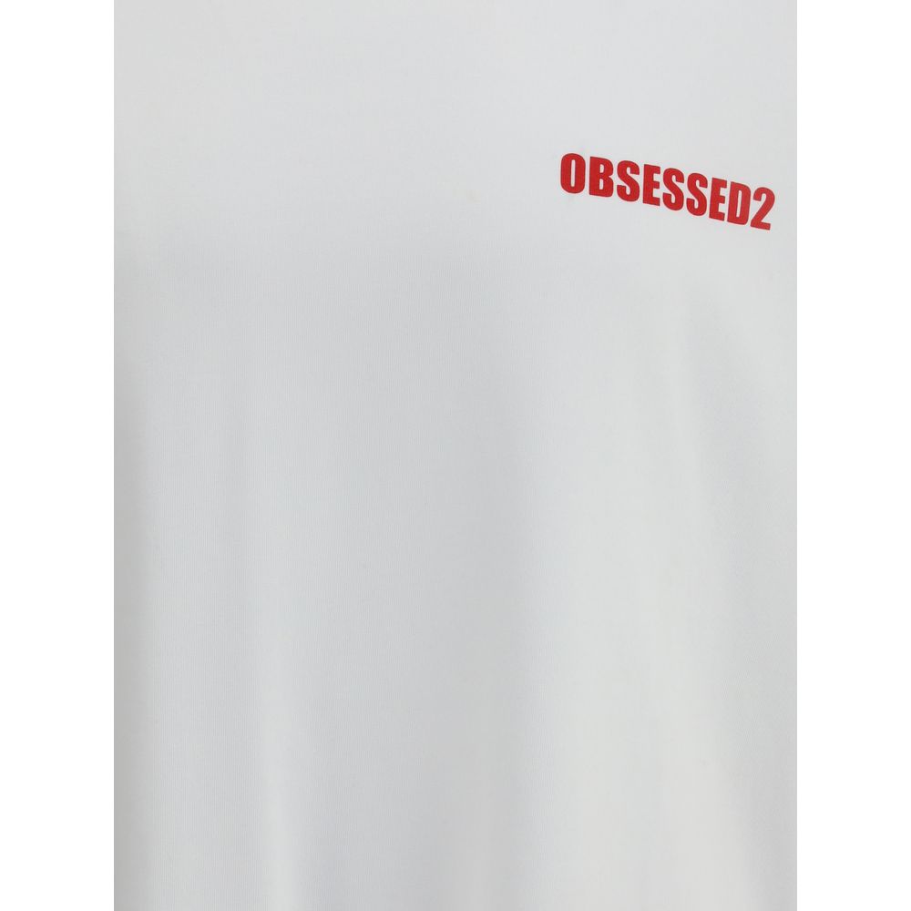 White Cotton T-ShirtDsquared2’s T-Shirt is a casual piece with a strong character, made from cotton and finished with a classic ribbed crew neck. The contrasting Obsessed2 print stands out on the front and the iconic signature on the back adds a graphic a