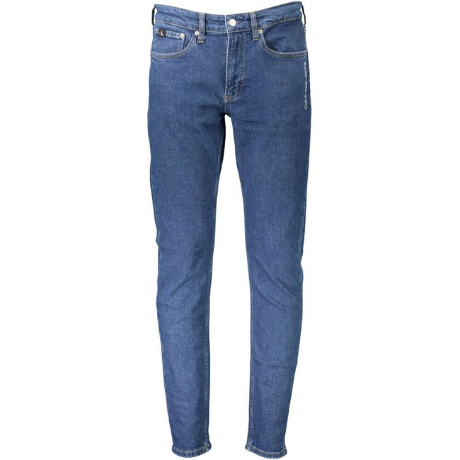 Blue Cotton Men JeansElevate your wardrobe with these quintessential Calvin Klein slim taper jeans, crafted for the modern trendsetter. These jeans flaunt a classic five-pocket construction combined with a sleek button and zip closure. The subtle embroide