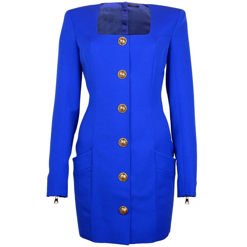 Blue Wool DressBalmain short wool dress with square neckline and long sleeves, gold buttons and back zipper closureBlue Wool Dress${tagsBalmainAulae Blue Wool Dress BalmainAulae Blue Wool Dress Balmain short wool dress with square neckline and long sleeve