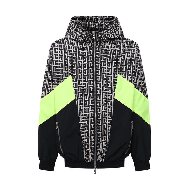 Multicolor Nylon Men JacketElevate your outerwear with this striking Balmain nylon jacket, showcasing a bold geometric pattern print that commands attention. Neon yellow stripes race down the sides and sleeves, adding a vibrant pop of color. Function meet