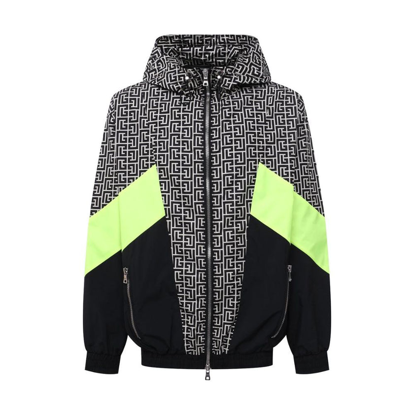 Multicolor Nylon Men JacketElevate your outerwear with this striking Balmain nylon jacket, showcasing a bold geometric pattern print that commands attention. Neon yellow stripes race down the sides and sleeves, adding a vibrant pop of color. Function meet