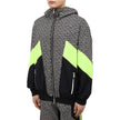 Multicolor Nylon Men JacketElevate your outerwear with this striking Balmain nylon jacket, showcasing a bold geometric pattern print that commands attention. Neon yellow stripes race down the sides and sleeves, adding a vibrant pop of color. Function meet