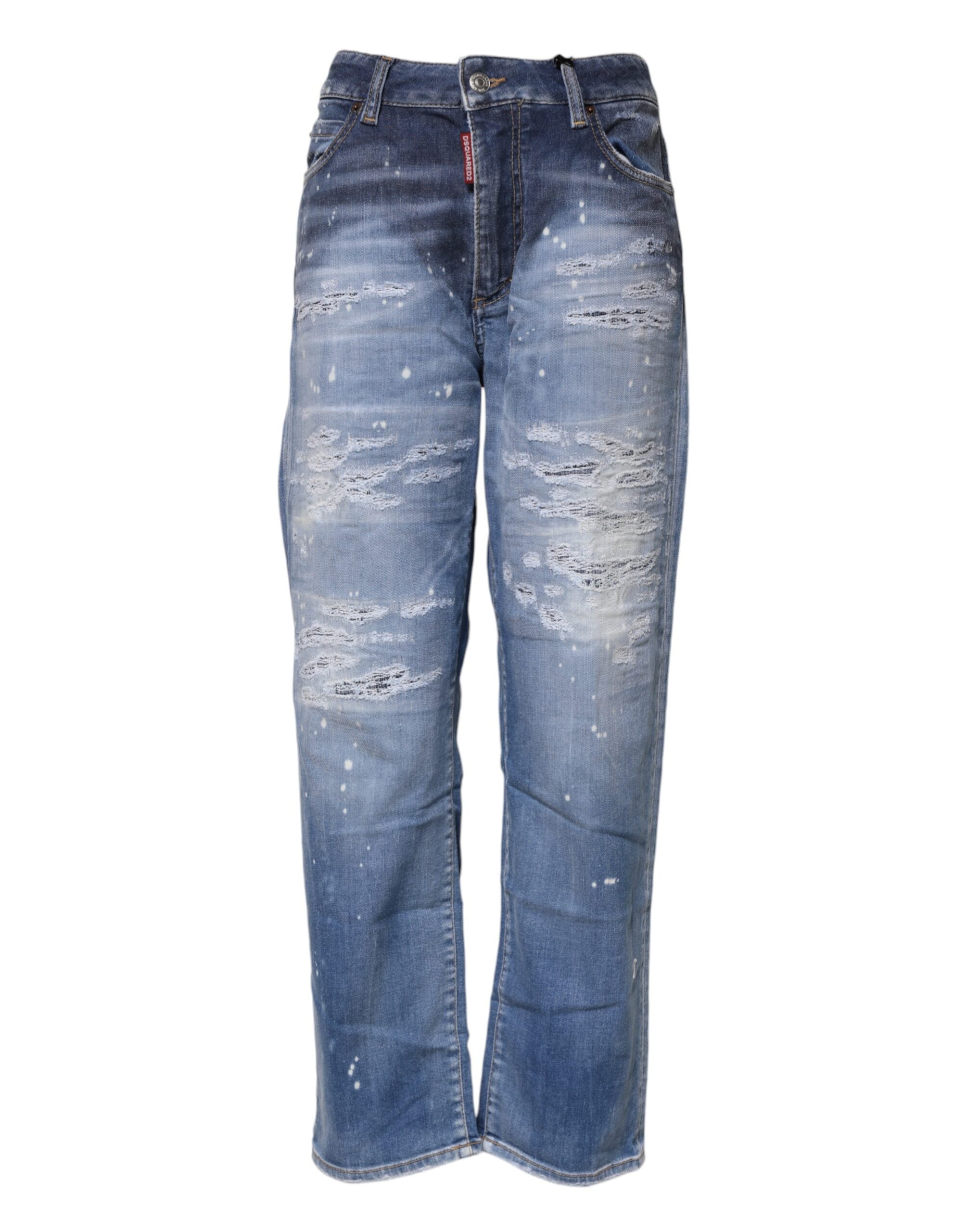 Blue Tattered Cotton Mid Waist Straight Denim JeansDSQUARED2 Gorgeous brand new, 100% Authentic DSQUARED2 denim jeans. Color: Blue Model: Mid waist straight jeans Material: 92% Cotton 6% Elastomultiester 2% Elastane Button closure Logo details Made in Ita