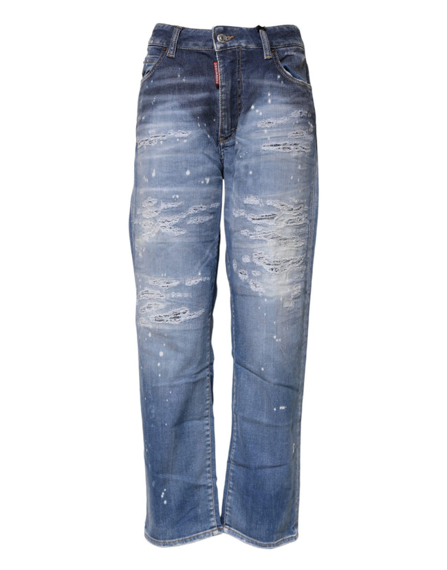 Blue Tattered Cotton Mid Waist Straight Denim JeansDSQUARED2 Gorgeous brand new, 100% Authentic DSQUARED2 denim jeans. Color: Blue Model: Mid waist straight jeans Material: 92% Cotton 6% Elastomultiester 2% Elastane Button closure Logo details Made in Ita