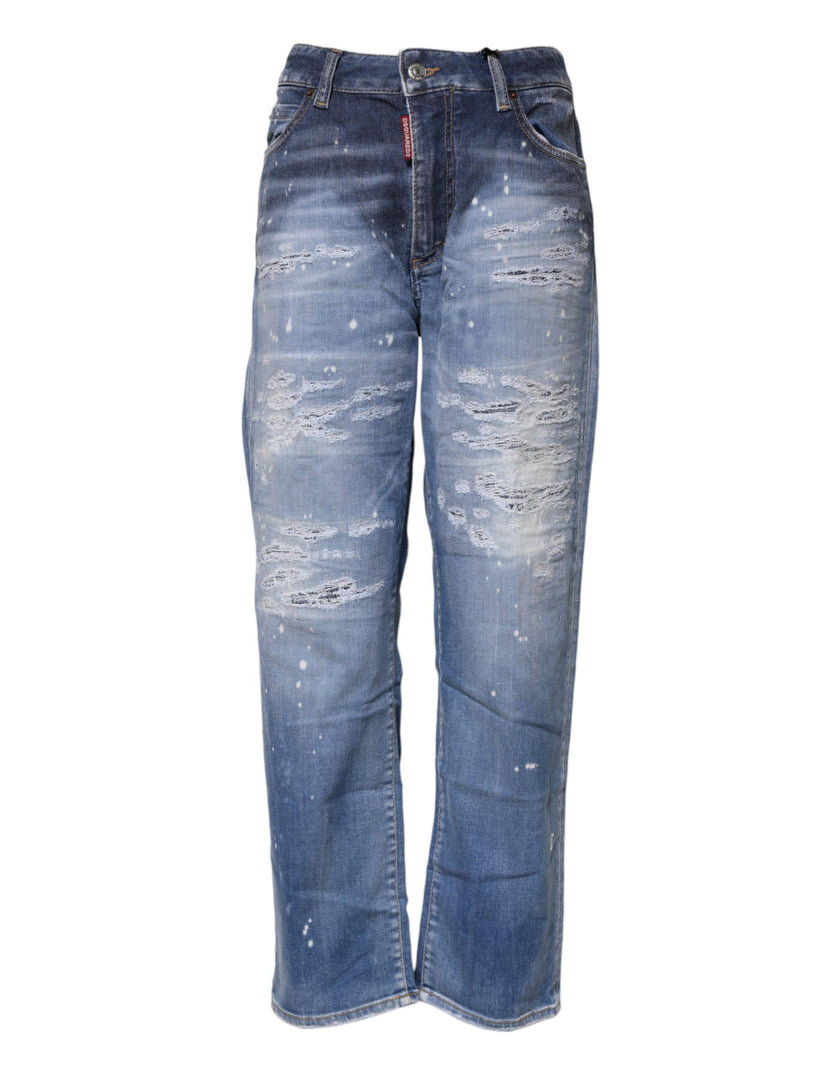 Blue Tattered Cotton Mid Waist Straight Denim JeansDSQUARED2 Gorgeous brand new, 100% Authentic DSQUARED2 denim jeans. Color: Blue Model: Mid waist straight jeans Material: 92% Cotton 6% Elastomultiester 2% Elastane Button closure Logo details Made in Ita