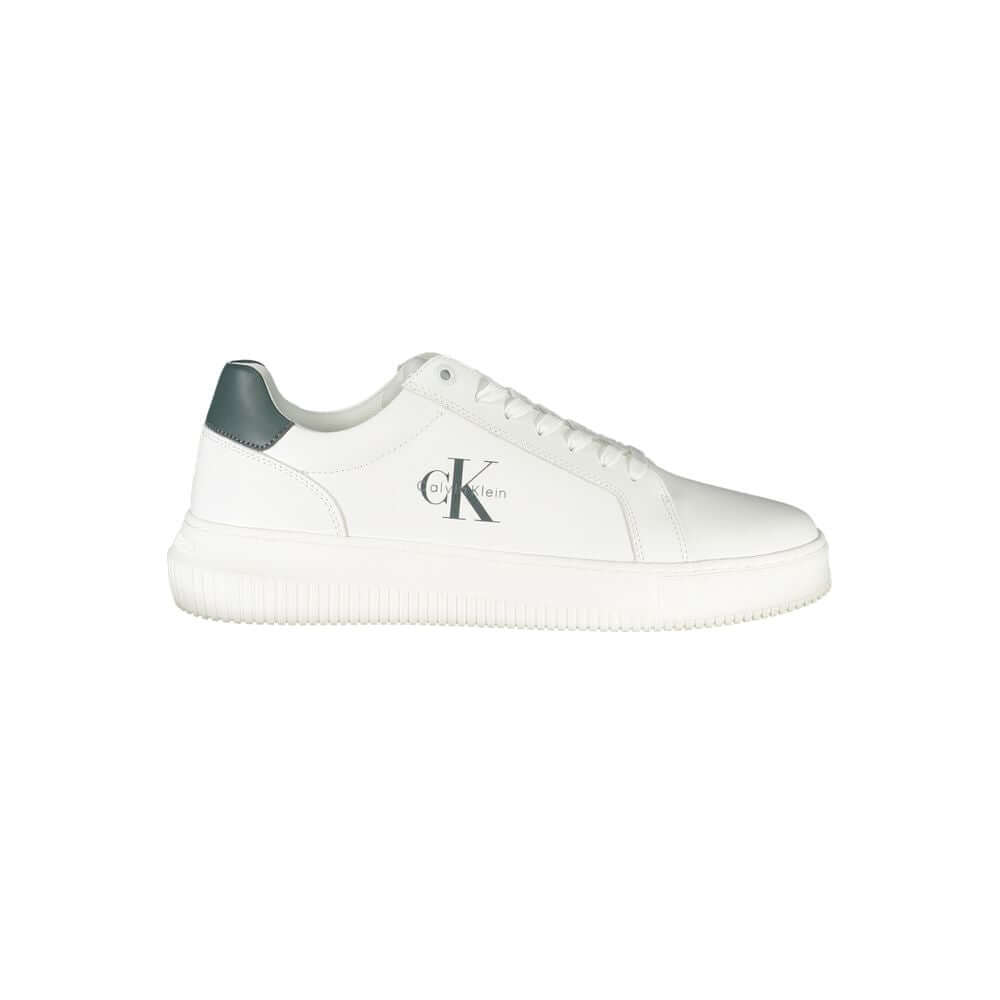 White Leather Men SneakerStep into unparalleled style with the latest from Calvin Klein. These sneakers boast sleek white uppers accented with bold, contrasting green details for a dynamic twist on classic sportswear. Crafted with a skillful blend of poly