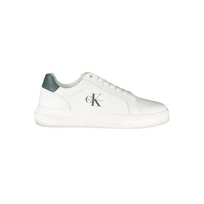 White Leather Men SneakerStep into unparalleled style with the latest from Calvin Klein. These sneakers boast sleek white uppers accented with bold, contrasting green details for a dynamic twist on classic sportswear. Crafted with a skillful blend of poly
