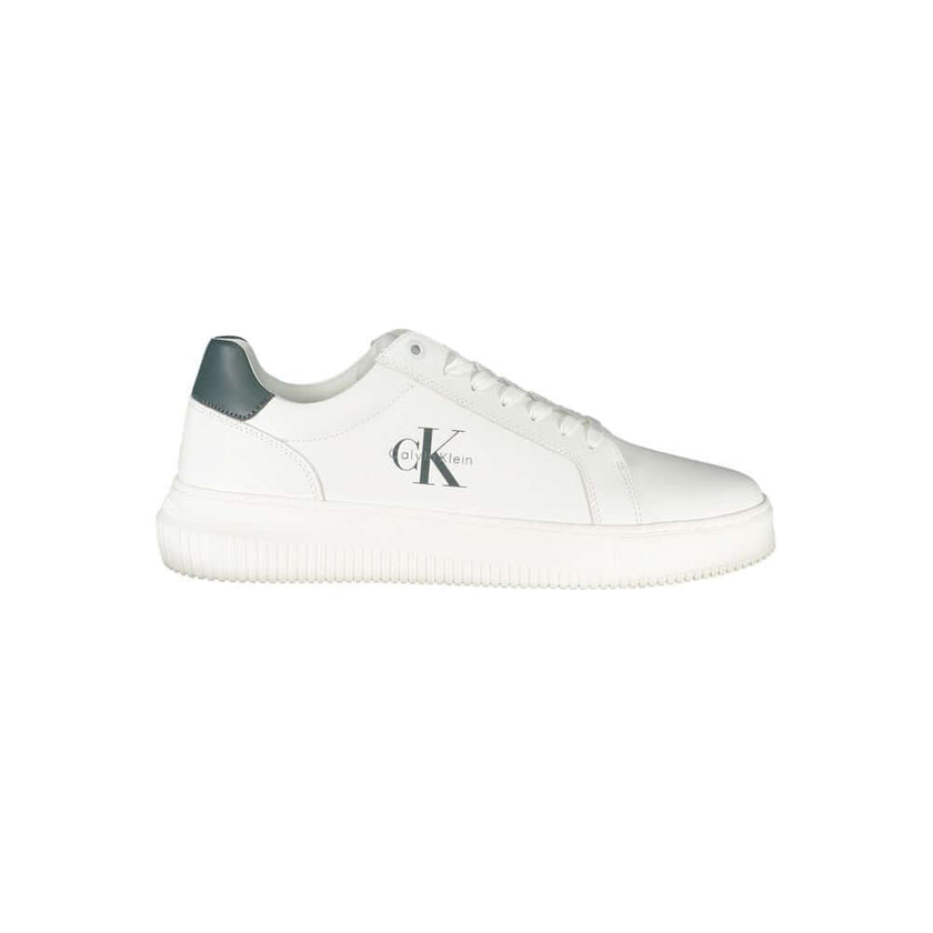 White Leather Men SneakerStep into unparalleled style with the latest from Calvin Klein. These sneakers boast sleek white uppers accented with bold, contrasting green details for a dynamic twist on classic sportswear. Crafted with a skillful blend of poly