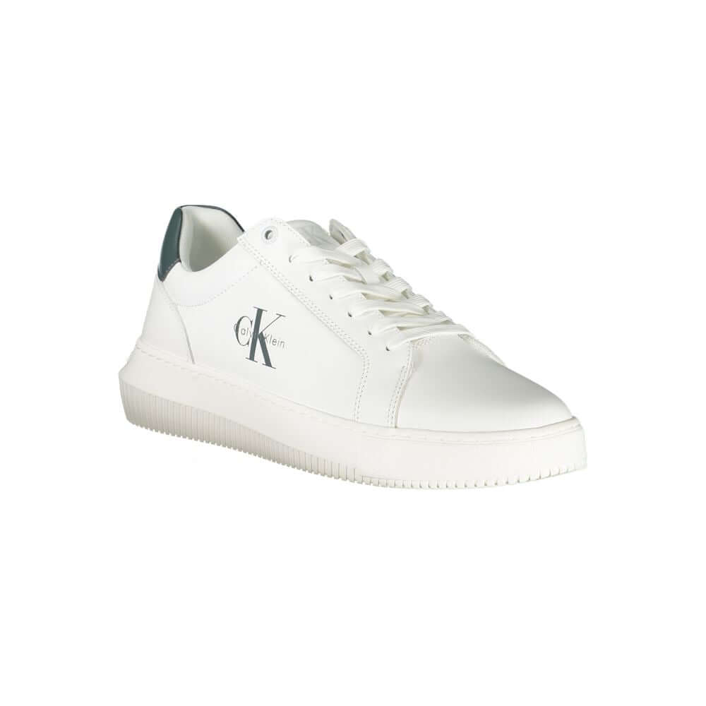 White Leather Men SneakerStep into unparalleled style with the latest from Calvin Klein. These sneakers boast sleek white uppers accented with bold, contrasting green details for a dynamic twist on classic sportswear. Crafted with a skillful blend of poly