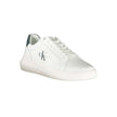 White Leather Men SneakerStep into unparalleled style with the latest from Calvin Klein. These sneakers boast sleek white uppers accented with bold, contrasting green details for a dynamic twist on classic sportswear. Crafted with a skillful blend of poly