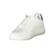 White Leather Men SneakerStep into unparalleled style with the latest from Calvin Klein. These sneakers boast sleek white uppers accented with bold, contrasting green details for a dynamic twist on classic sportswear. Crafted with a skillful blend of poly