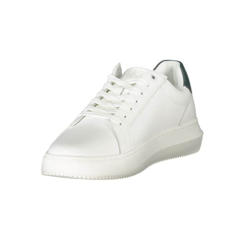 White Leather Men SneakerStep into unparalleled style with the latest from Calvin Klein. These sneakers boast sleek white uppers accented with bold, contrasting green details for a dynamic twist on classic sportswear. Crafted with a skillful blend of poly