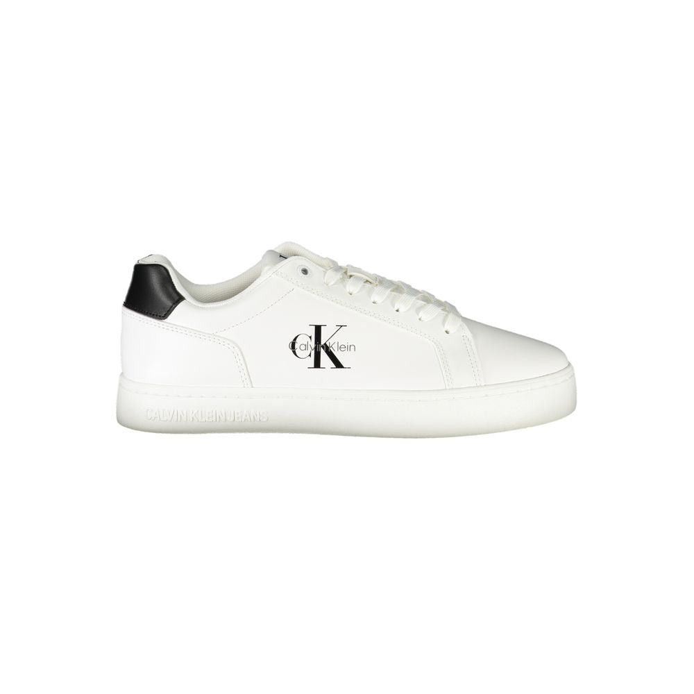 White Leather Men SneakerElevate your sneaker game with this striking pair from Calvin Klein. Crafted with meticulous attention to detail, these shoes boast contrasting black accents that command attention. The removable footbed ensures custom comfort, wh