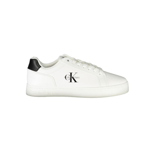 White Leather Men SneakerElevate your sneaker game with this striking pair from Calvin Klein. Crafted with meticulous attention to detail, these shoes boast contrasting black accents that command attention. The removable footbed ensures custom comfort, wh
