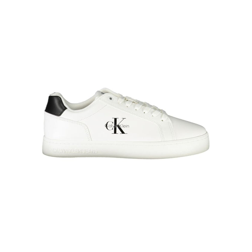 White Leather Men SneakerElevate your sneaker game with this striking pair from Calvin Klein. Crafted with meticulous attention to detail, these shoes boast contrasting black accents that command attention. The removable footbed ensures custom comfort, wh