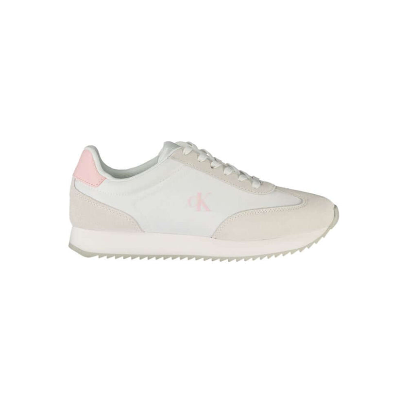 White Leather Women SneakerDiscover the epitome of modern athleticism with Calvin Klein’s striking lace-up sports shoes, merging bold style and ultimate comfort. Adorned with eye-catching pink accents and the iconic Calvin Klein logo, these sneakers are a