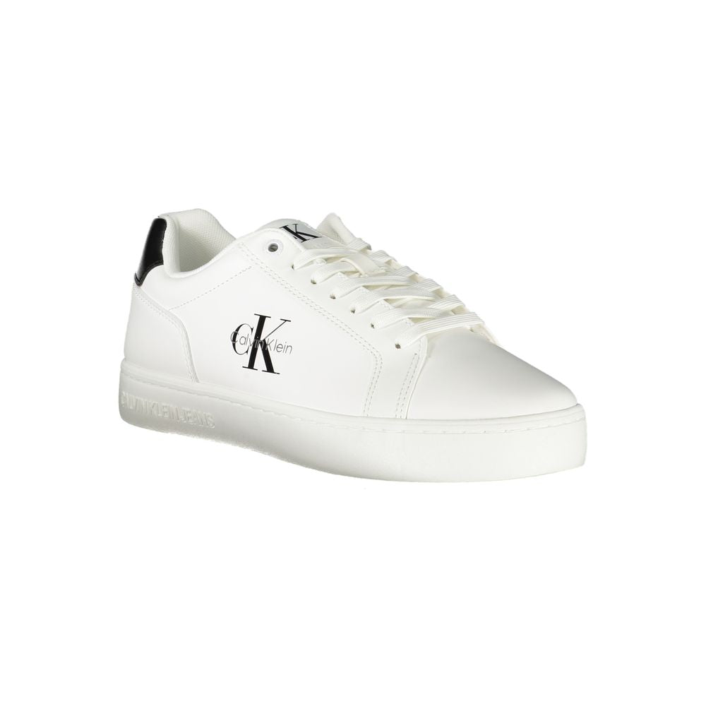 White Leather Men SneakerElevate your sneaker game with this striking pair from Calvin Klein. Crafted with meticulous attention to detail, these shoes boast contrasting black accents that command attention. The removable footbed ensures custom comfort, wh