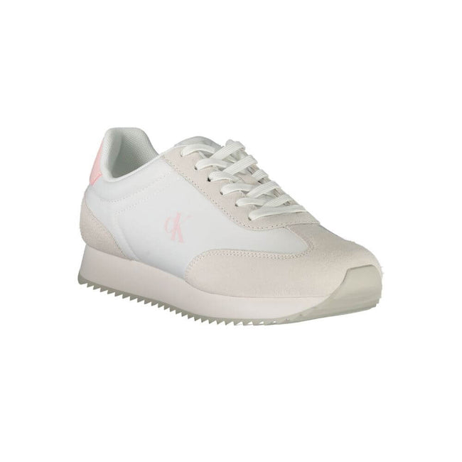 White Leather Women SneakerDiscover the epitome of modern athleticism with Calvin Klein’s striking lace-up sports shoes, merging bold style and ultimate comfort. Adorned with eye-catching pink accents and the iconic Calvin Klein logo, these sneakers are a