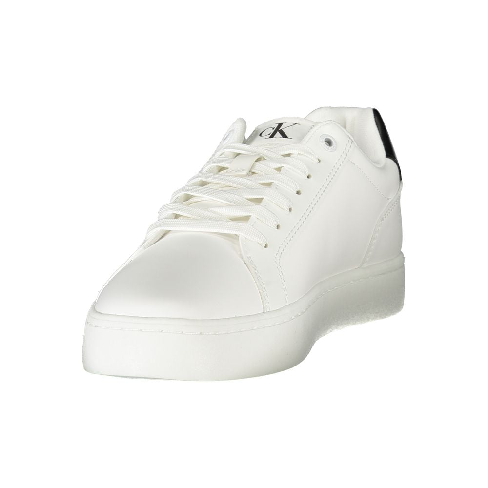 White Leather Men SneakerElevate your sneaker game with this striking pair from Calvin Klein. Crafted with meticulous attention to detail, these shoes boast contrasting black accents that command attention. The removable footbed ensures custom comfort, wh