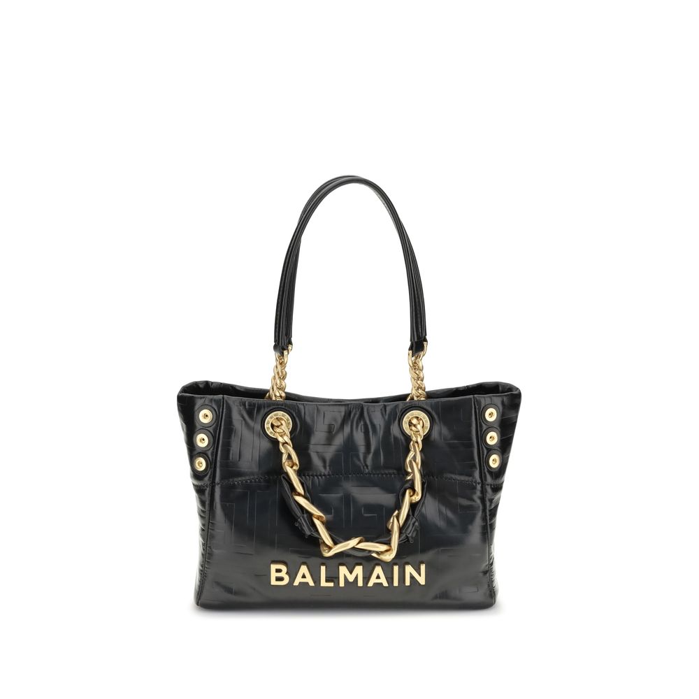 Black Calf Leather Bos Taurus Shoulder BagCracked-effect leather 1945 Small Tote Bag by Balmain features double top handles: two chain-detailed and two leather handles with chain details for a mix of style and versatility. The front features an applied me