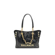 Black Calf Leather Bos Taurus Shoulder BagCracked-effect leather 1945 Small Tote Bag by Balmain features double top handles: two chain-detailed and two leather handles with chain details for a mix of style and versatility. The front features an applied me
