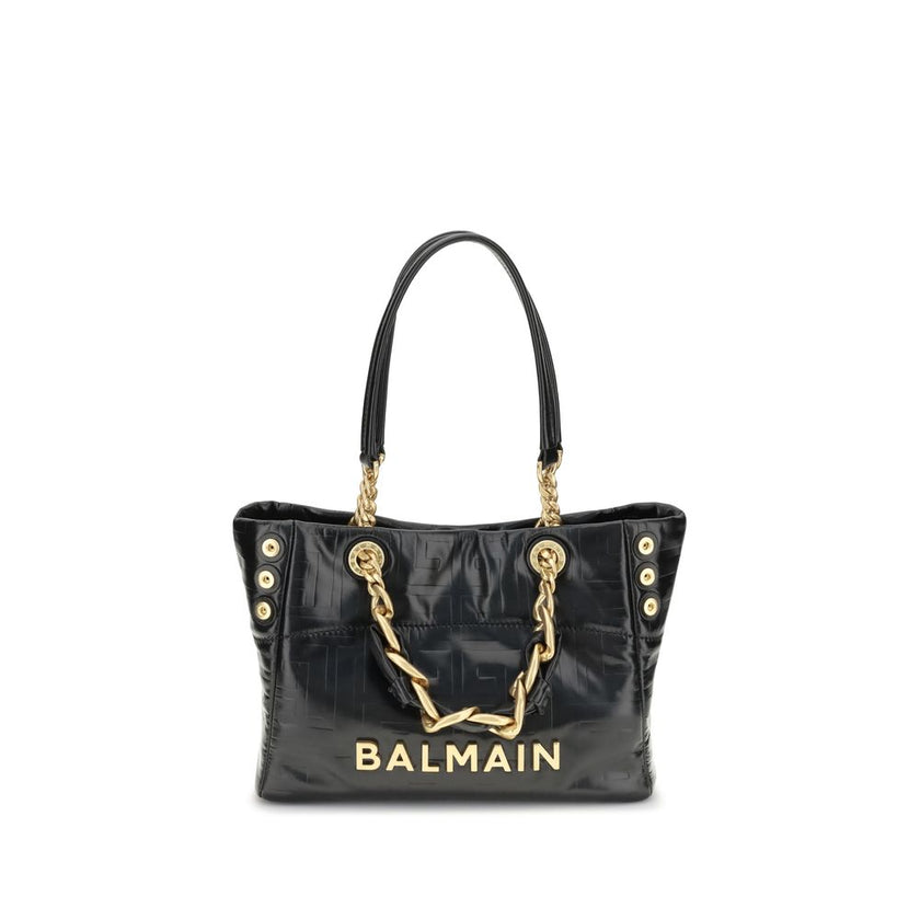 Black Calf Leather Bos Taurus Shoulder BagCracked-effect leather 1945 Small Tote Bag by Balmain features double top handles: two chain-detailed and two leather handles with chain details for a mix of style and versatility. The front features an applied me