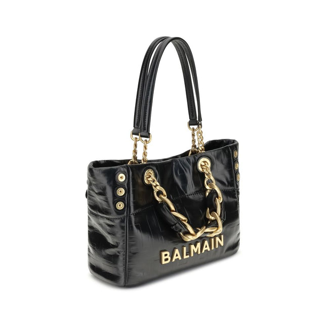 Black Calf Leather Bos Taurus Shoulder BagCracked-effect leather 1945 Small Tote Bag by Balmain features double top handles: two chain-detailed and two leather handles with chain details for a mix of style and versatility. The front features an applied me