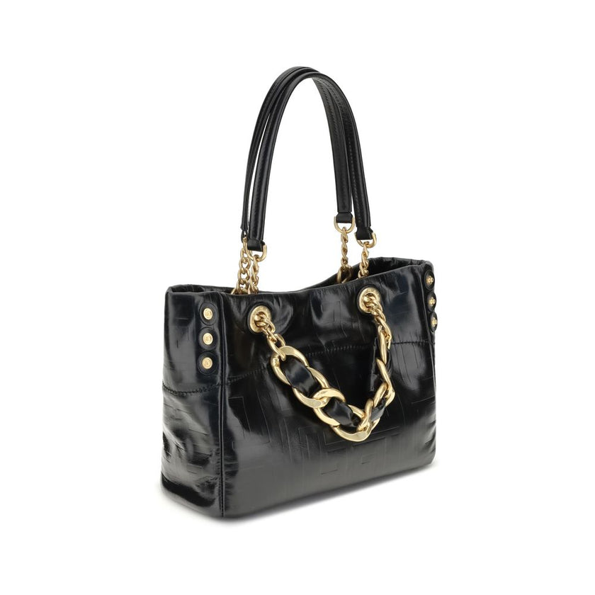 Black Calf Leather Bos Taurus Shoulder BagCracked-effect leather 1945 Small Tote Bag by Balmain features double top handles: two chain-detailed and two leather handles with chain details for a mix of style and versatility. The front features an applied me