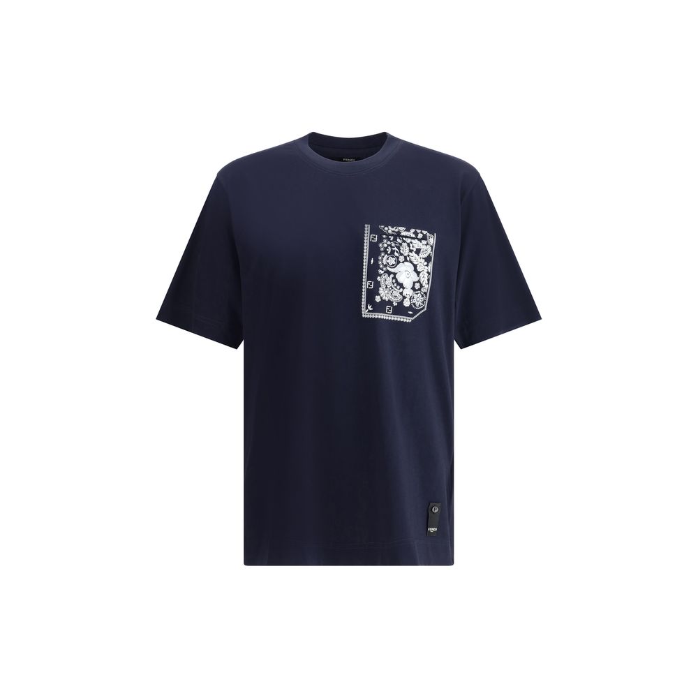 Blue Cotton T-ShirtCotton T-Shirt by Fendi features a distinctive design with attention to detail. The front is enhanced by a slit pocket embellished with a contrasting bandana print, which gives a graphic and contemporary touch. The garment is completed