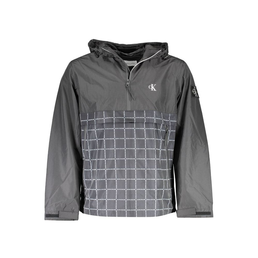 Black Polyester Men's JacketElevate your style quotient with the audaciously chic Calvin Klein sports jacket. Perfect for the modern man on the move, this black long-sleeved marvel features a snug hood, two practical pockets, and a sleek zippered front wi