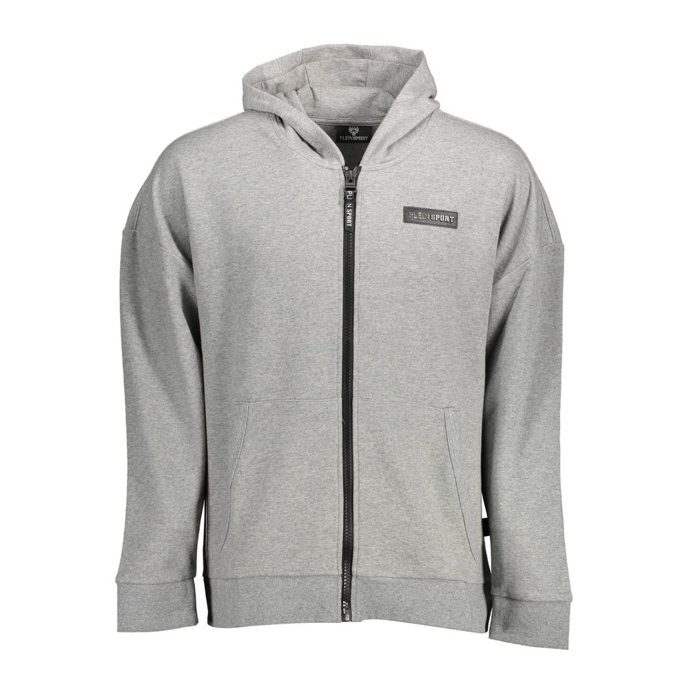 Gray Cotton Men SweaterElevate your athletic-inspired wardrobe with this striking Plein Sport hooded sweatshirt. Designed for the bold and the fashionable, it features long sleeves and dual central pockets for both form and function. The zip-front closure