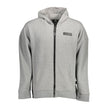 Gray Cotton Men SweaterElevate your athletic-inspired wardrobe with this striking Plein Sport hooded sweatshirt. Designed for the bold and the fashionable, it features long sleeves and dual central pockets for both form and function. The zip-front closure