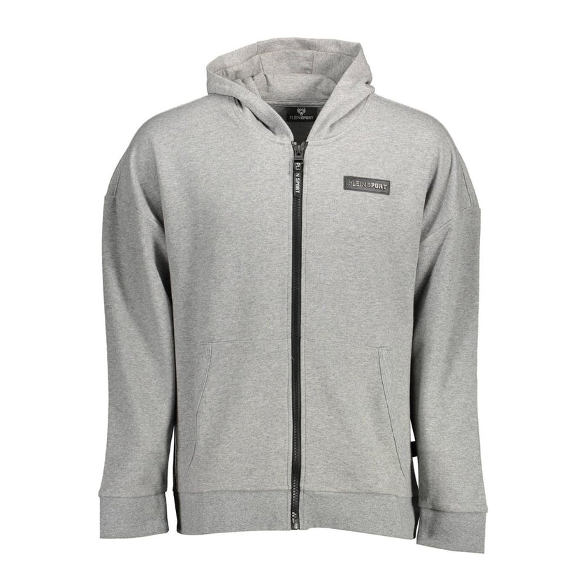 Gray Cotton Men SweaterElevate your athletic-inspired wardrobe with this striking Plein Sport hooded sweatshirt. Designed for the bold and the fashionable, it features long sleeves and dual central pockets for both form and function. The zip-front closure