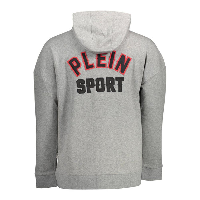 Gray Cotton Men SweaterElevate your athletic-inspired wardrobe with this striking Plein Sport hooded sweatshirt. Designed for the bold and the fashionable, it features long sleeves and dual central pockets for both form and function. The zip-front closure