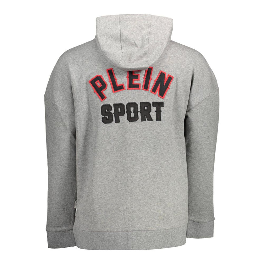 Gray Cotton Men SweaterElevate your athletic-inspired wardrobe with this striking Plein Sport hooded sweatshirt. Designed for the bold and the fashionable, it features long sleeves and dual central pockets for both form and function. The zip-front closure
