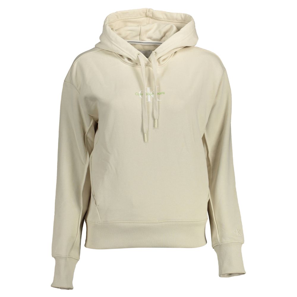 Beige Cotton Women SweaterElevate your casual wardrobe with the Calvin Klein long-sleeved sweatshirt, a perfect blend of comfort and high-fashion. This chic beige piece features a cozy hood, convenient pockets, and is adorned with a distinctive print and