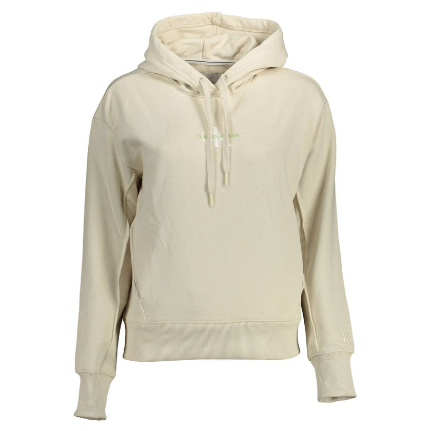 Beige Cotton Women SweaterElevate your casual wardrobe with the Calvin Klein long-sleeved sweatshirt, a perfect blend of comfort and high-fashion. This chic beige piece features a cozy hood, convenient pockets, and is adorned with a distinctive print and