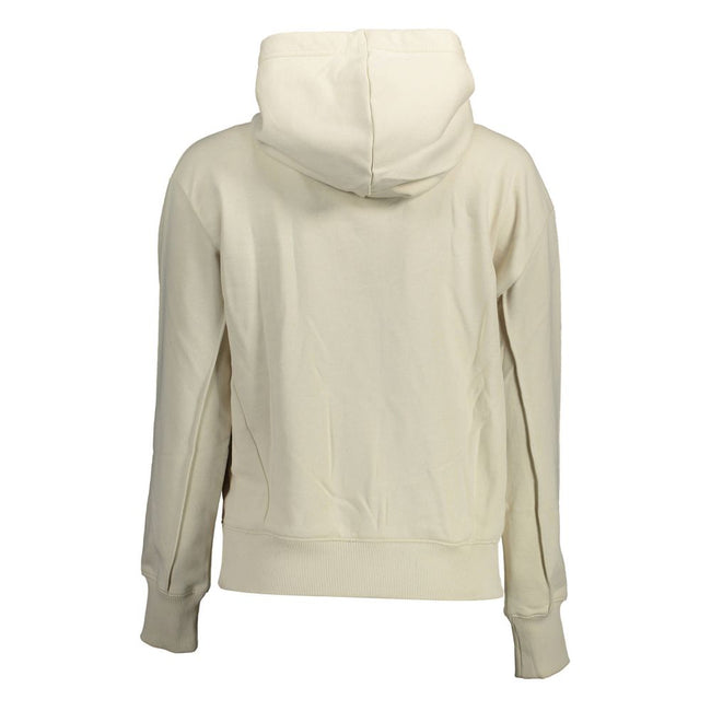 Beige Cotton Women SweaterElevate your casual wardrobe with the Calvin Klein long-sleeved sweatshirt, a perfect blend of comfort and high-fashion. This chic beige piece features a cozy hood, convenient pockets, and is adorned with a distinctive print and