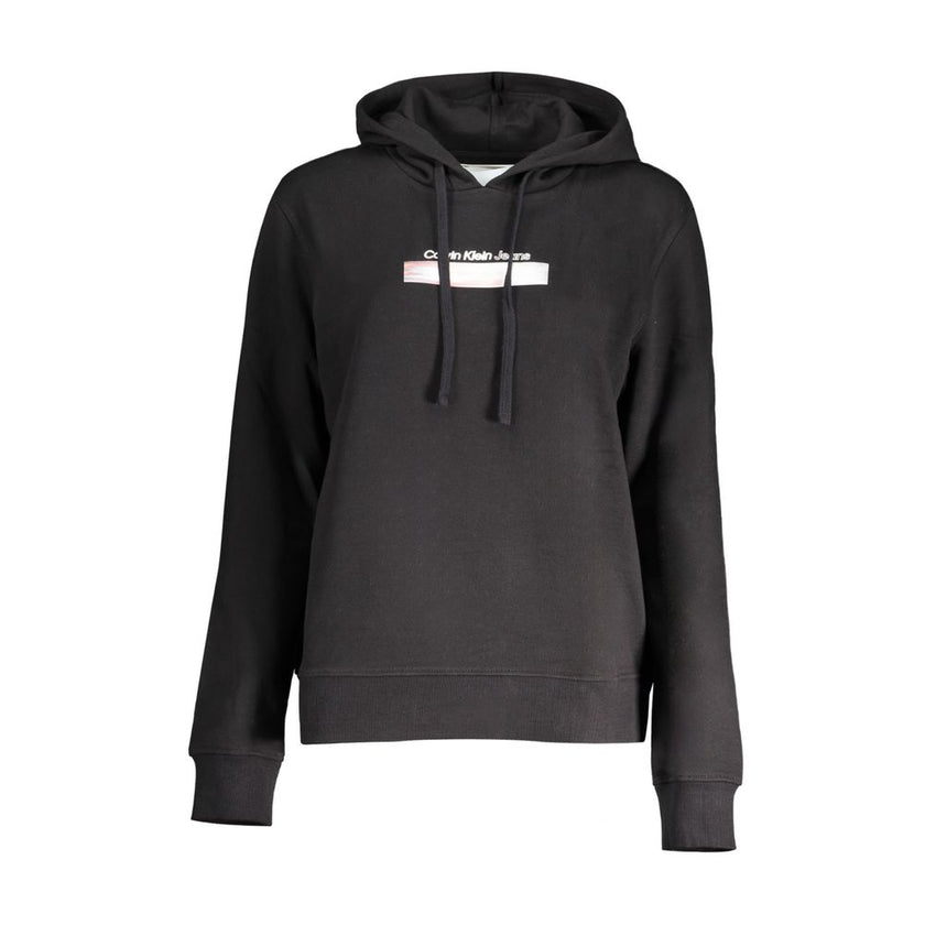 Black Cotton Women SweaterElevate your style with a touch of Calvin Klein’s effortless elegance. This sleek, black hooded sweatshirt is a blend of bold and timeless design, featuring a brushed texture that invites touch. It’s adorned with the iconic Calvi