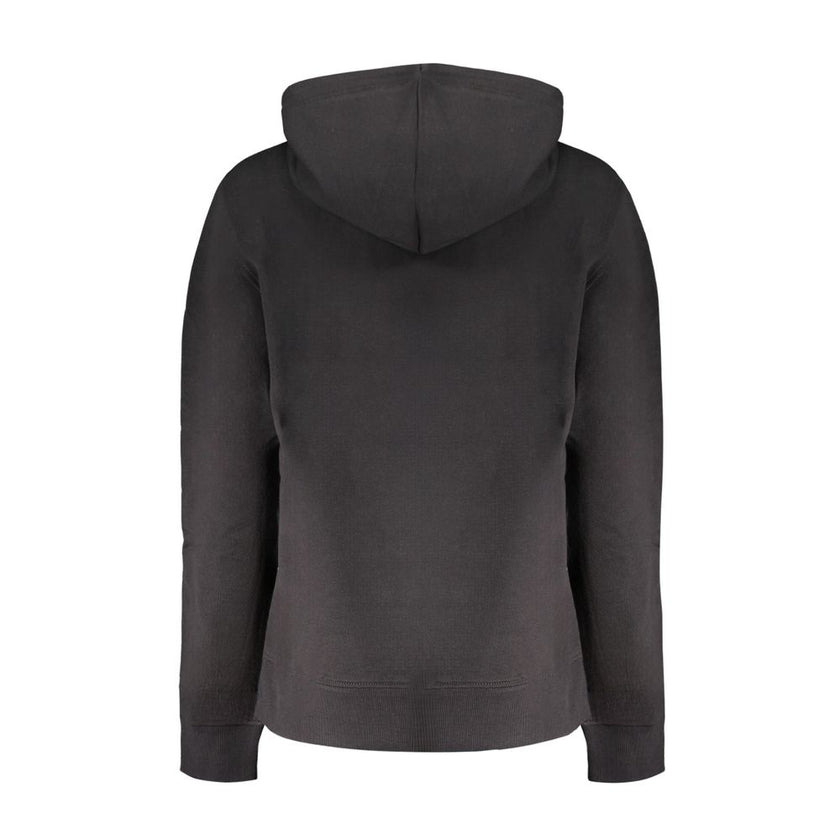 Black Cotton Women SweaterElevate your style with a touch of Calvin Klein’s effortless elegance. This sleek, black hooded sweatshirt is a blend of bold and timeless design, featuring a brushed texture that invites touch. It’s adorned with the iconic Calvi