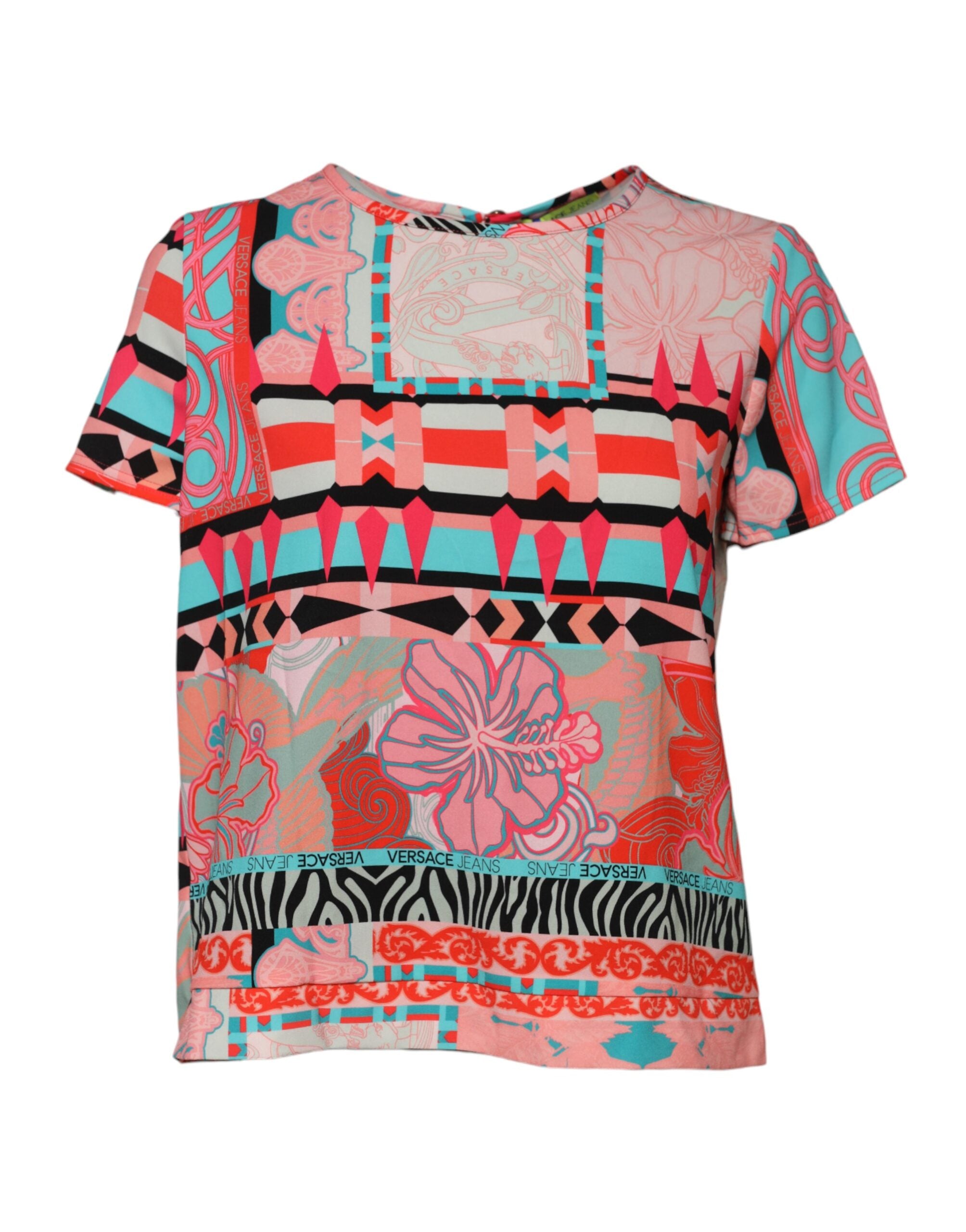 Multicolor Print Short Sleeves Women Blouse TopVERSACE JEANS Gorgeous brand new, 100% Authentic VERSACE JEANS casual short sleeves blouse. Model: Blouse top Color: Multicolor Material: 89% Polyester 11% Elastane Logo details Made in ItalyMulticolor Print